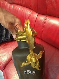 Grand vase Art Nouveau bronze doré papillon libellule 44cm