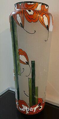 Grand vase LEUNE verre émaillé Art Déco Nouveau dlg Legras Daum Gallé 50 cm