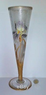 Grand vase Montjoye Legras forme conique décor iris travail acide Or art nouveau