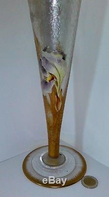 Grand vase Montjoye Legras forme conique décor iris travail acide Or art nouveau