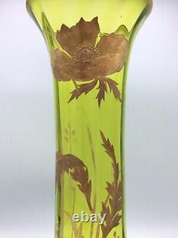 Grand vase cristal soufflé coloré vert olive émaillé doré Baccarat Art Nouveau