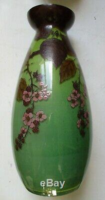 Grand vase émaillé de mûres Art Nouveau 1900 Legras signé Jem H 35 cm