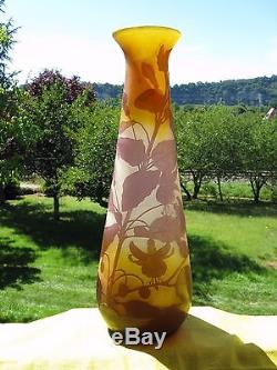 Grand vase signé Gallé en pâte de verre à décor d'ancolies