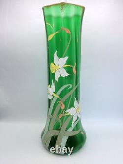 Grand vase verre soufflé émaillé décor de jonquilles Legras Montjoye Art Nouveau