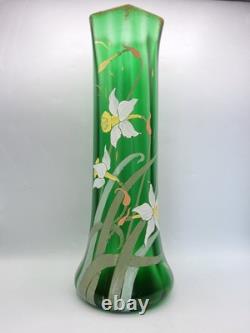 Grand vase verre soufflé émaillé décor de jonquilles Legras Montjoye Art Nouveau