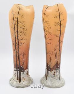 Grande Paire de vase Legras décor hivernal émaillé Art Nouveau H= 41.5 CM