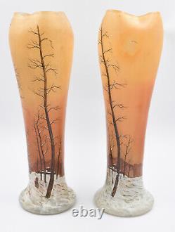 Grande Paire de vase Legras décor hivernal émaillé Art Nouveau H= 41.5 CM