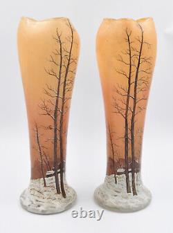 Grande Paire de vase Legras décor hivernal émaillé Art Nouveau H= 41.5 CM