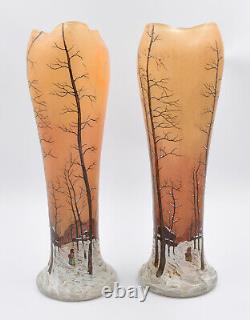 Grande Paire de vase Legras décor hivernal émaillé Art Nouveau H= 41.5 CM
