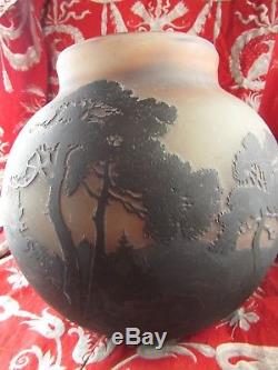 Gros vase boule pate de verre acide muller freres ep art nouveau 1900 paysage