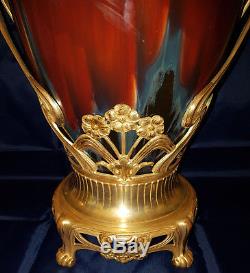Immense & Rare Vase Ceramique Et Bronze Dore Art Nouveau Autriche Ou Allemagne
