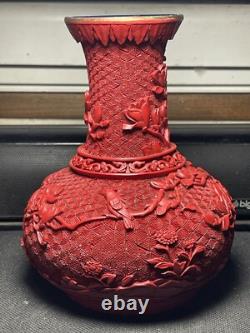 Joli Vase Art Nouveau Chine Pékin Laque Cinabre Oiseaux Rhododendron