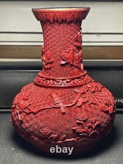 Joli Vase Art Nouveau Chine Pékin Laque Cinabre Oiseaux Rhododendron