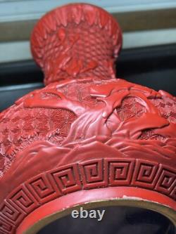 Joli Vase Art Nouveau Chine Pékin Laque Cinabre Oiseaux Rhododendron