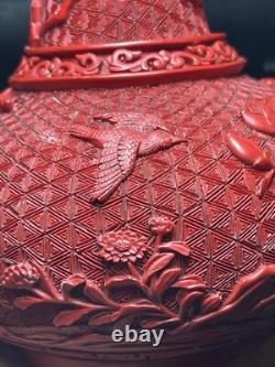 Joli Vase Art Nouveau Chine Pékin Laque Cinabre Oiseaux Rhododendron