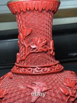 Joli Vase Art Nouveau Chine Pékin Laque Cinabre Oiseaux Rhododendron