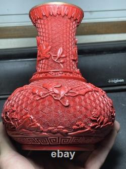 Joli Vase Art Nouveau Chine Pékin Laque Cinabre Oiseaux Rhododendron