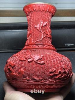 Joli Vase Art Nouveau Chine Pékin Laque Cinabre Oiseaux Rhododendron