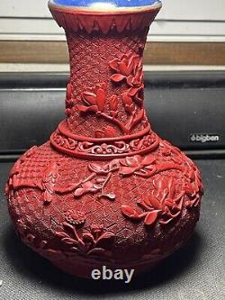 Joli Vase Art Nouveau Chine Pékin Laque Cinabre Oiseaux Rhododendron