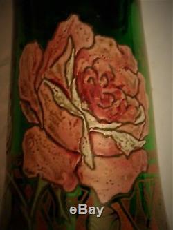 Joli Vase Art Nouveau, émaillé, décor floral, Legras, montjoye