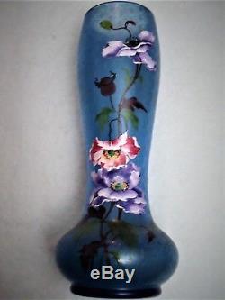 Joli Vase Art Nouveau givré, émaillé, décor floral, Legras, montjoye