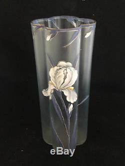 Jugendstil Iris Verre Emaillé Art Nouveau Vase Bleu Antique Glass Enamel Legras