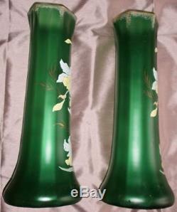 LEGRAS 2 grands vases verre vert émaillés & dorés JONQUILLES émail & or