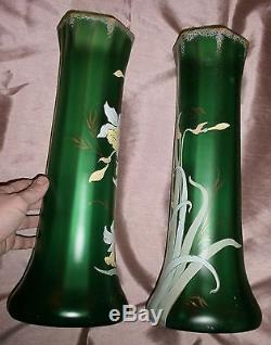 LEGRAS 2 grands vases verre vert émaillés & dorés JONQUILLES émail & or