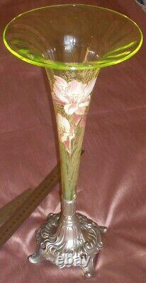 LEGRAS MONTJOYE Vase verre ouraline émaillé art nouveau fleurs d' IRIS vers 1900