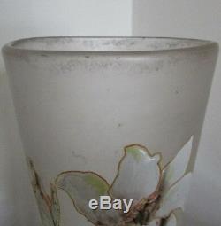LEGRAS Vase cornet Verre Émaillé Décor Lys blancs Art-Nouveau ca 1900