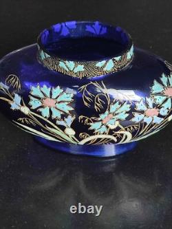 LEGRAS vase Jardinière émaillée Bleue FLEURS DE MAÏS. Art nouveau