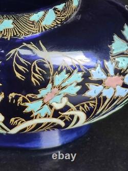 LEGRAS vase Jardinière émaillée Bleue FLEURS DE MAÏS. Art nouveau