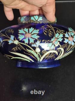 LEGRAS vase Jardinière émaillée Bleue FLEURS DE MAÏS. Art nouveau