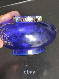 LEGRAS vase Jardinière émaillée Bleue FLEURS DE MAÏS. Art nouveau