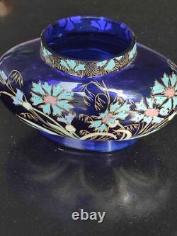 LEGRAS vase Jardinière émaillée Bleue FLEURS DE MAÏS. Art nouveau