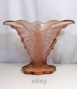 Large Lalique Style Antique Pink Glass Vase Butterfly Ladies Art Nouveau