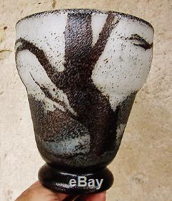 LegrasVase art nouveau verre doublé moucheté gravé à l'acideBleu/blanc/brun