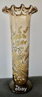 Legras Ancien Grand Vase En Verre Emaille Aux Mimosa Art Nouveau Vallerysthal