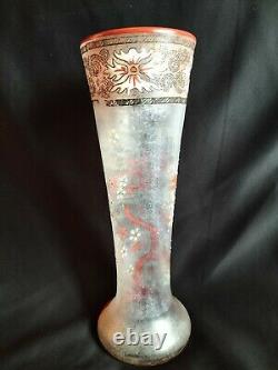 Legras / Grand vase cornet en verre émaillé japonisant bonzai / Art Nouveau