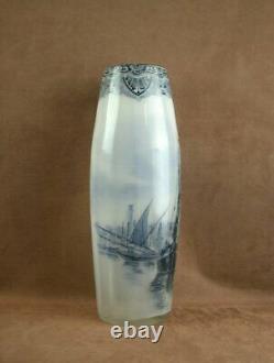 Legras Important Vase En Verre Opalin Decor De Voiliers Emaillé Art Nouveau