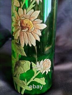 Legras / Paire de grands vases en verre vert émaillé marguerites / Art Nouveau