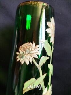 Legras / Paire de grands vases en verre vert émaillé marguerites / Art Nouveau