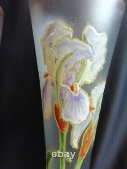 Legras Paire de vases émaillés à décor d'Iris sur fond givré Art nouveau