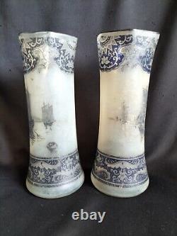 Legras / Paire de vases en verre peint/imprimé aux bâteaux / Art Nouveau émaillé