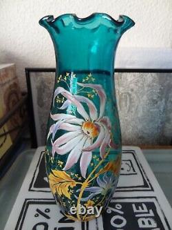 Legras ancien vase en verre émaillé à décor de marguerite art nouveau signé