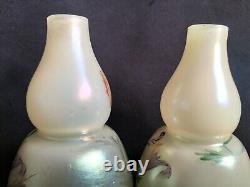 Loetz Arcadia / Paire de vases bilobés en verre irisé peint émaillé /Art Nouveau