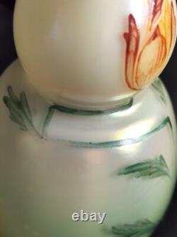 Loetz Arcadia / Paire de vases bilobés en verre irisé peint émaillé /Art Nouveau