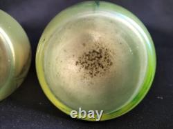 Loetz Arcadia / Paire de vases bilobés en verre irisé peint émaillé /Art Nouveau