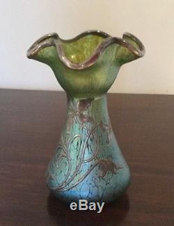 Loetz Iridescent Green Glass Silver Overlay Vase Art Nouveau Jugendstil