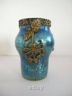 Loetz Superbe petit vase irisé Monture dorée Végétale Art Nouveau 1900 Autriche